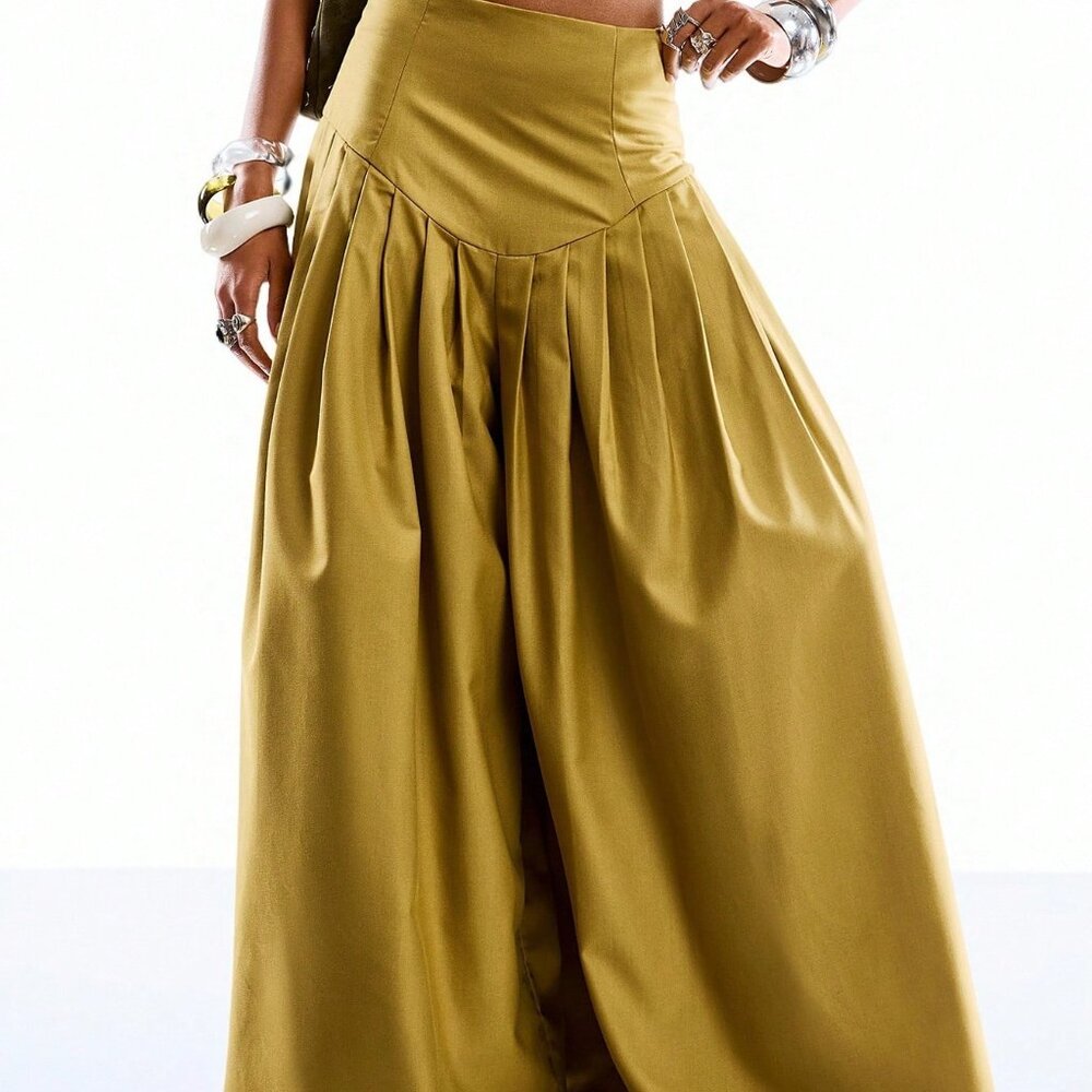 Yellow Casual Women's Pleated Wide Leg Pants - Picture 6 of 8